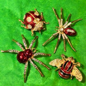 LOT of 4 Enameled Bugs / Insect Brooches / Pins: Spider, Beetle & Bee